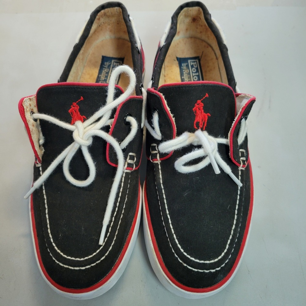 Polo Ralph Lauren Lander P Mens 8D Black Canvas Boat Shoes Red Pony Logo Loafers